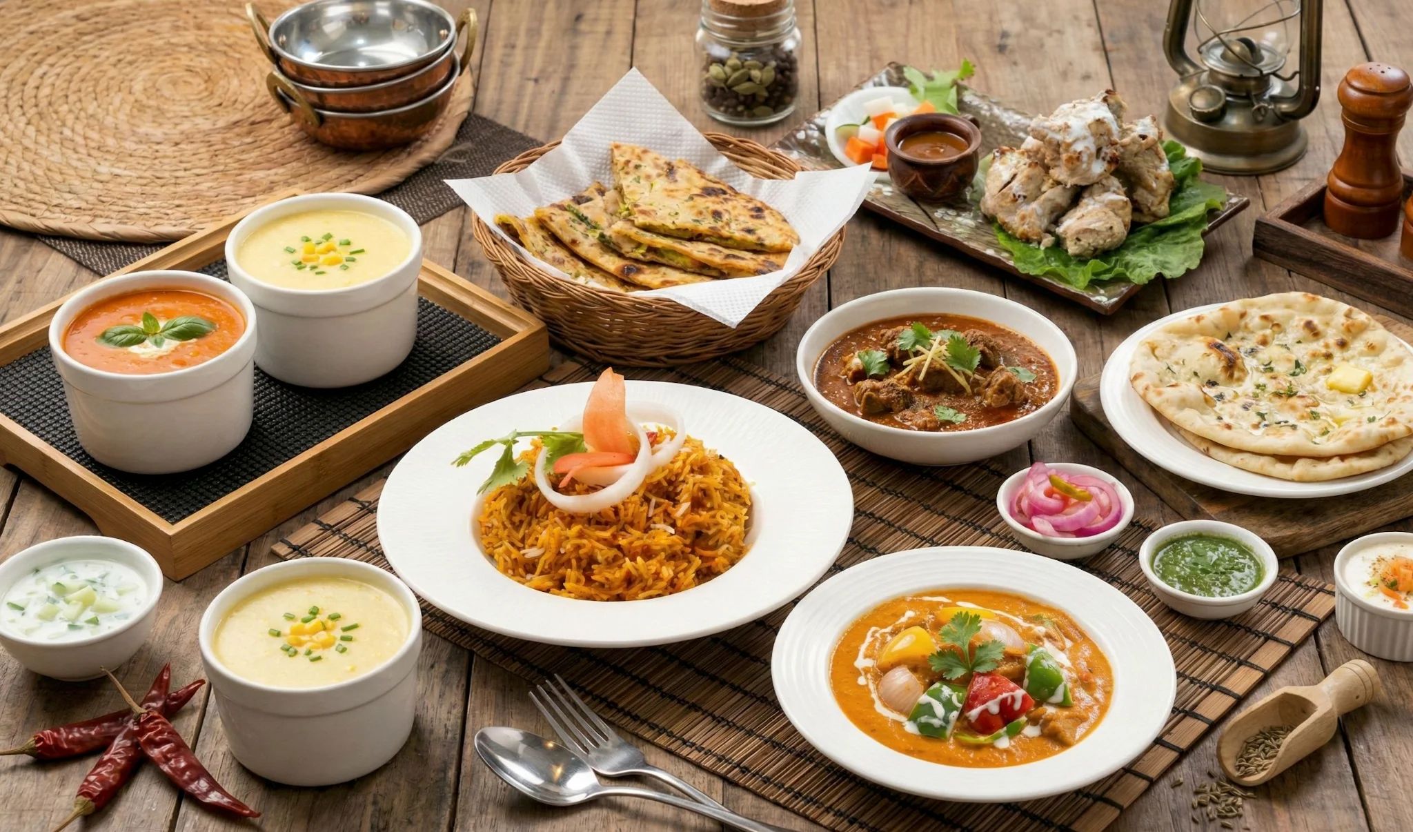 傳統印度套餐，烤餅、香飯、咖哩與湯品